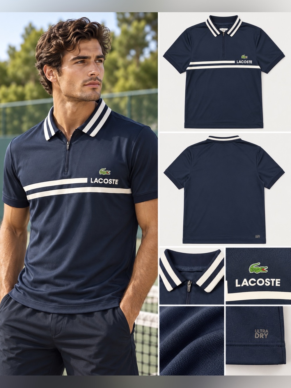 Lacoste Sport Polo Men's Medium Navy White Stripe Quarter Zip Ultra Dry Tennis